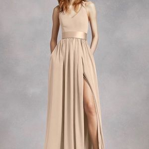 David’s Bridal V Neck Halter Gown with Sash